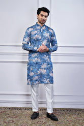 Blue Silk Floral Printed Kurta Pajama